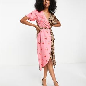 Never Fully Dressed NWT Cherry Leopard Print Wrap midi Dress M